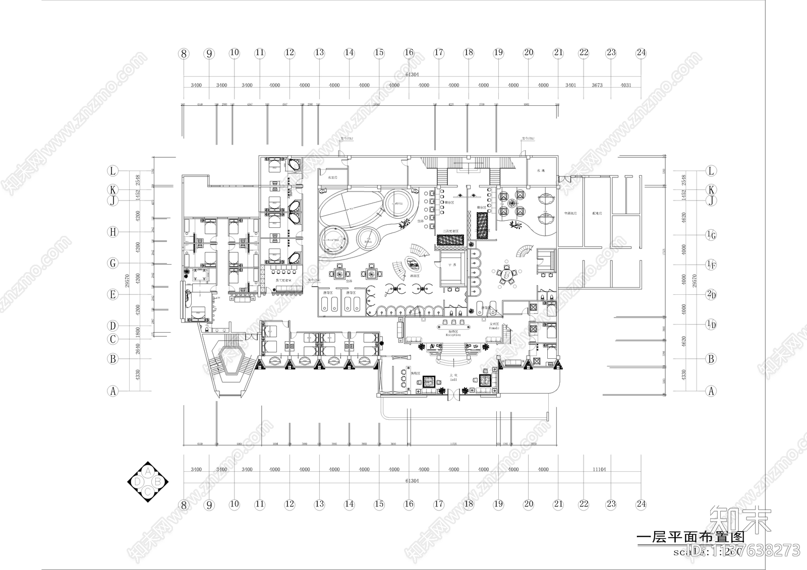 某大型浴场会馆室内装修cad施工图下载【ID:1137638273】