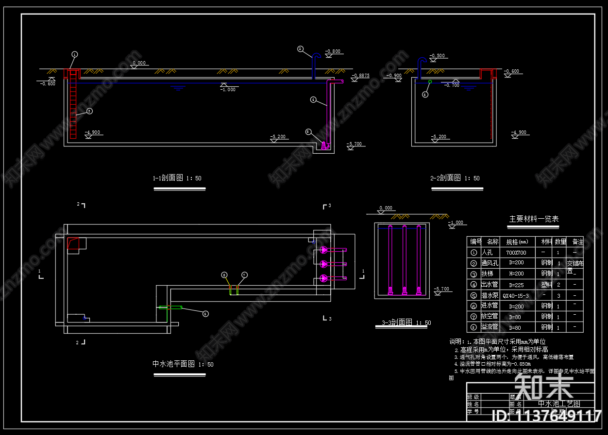 中水池平面剖面图cad施工图下载【ID:1137649117】
