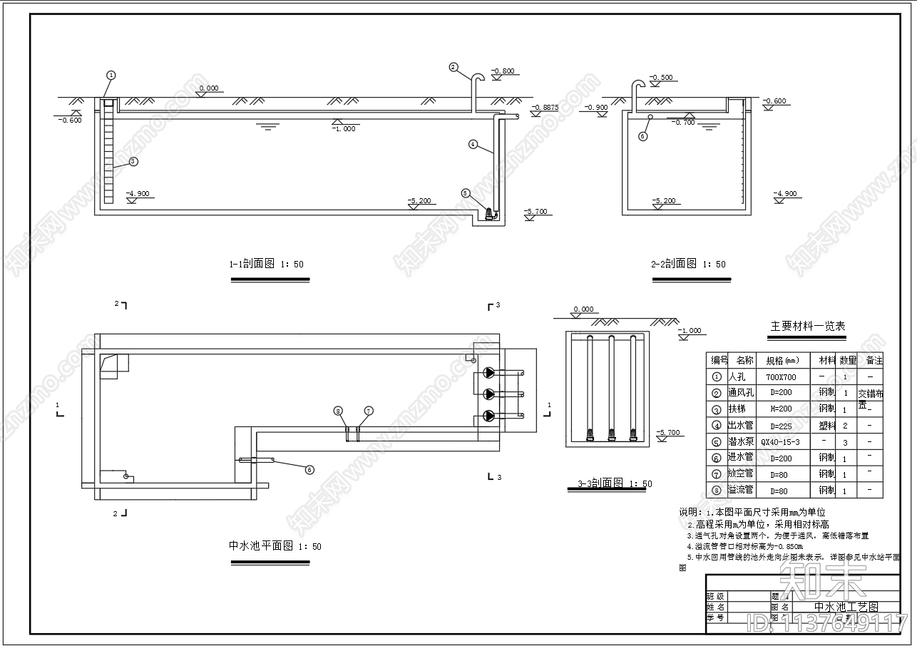 中水池平面剖面图cad施工图下载【ID:1137649117】