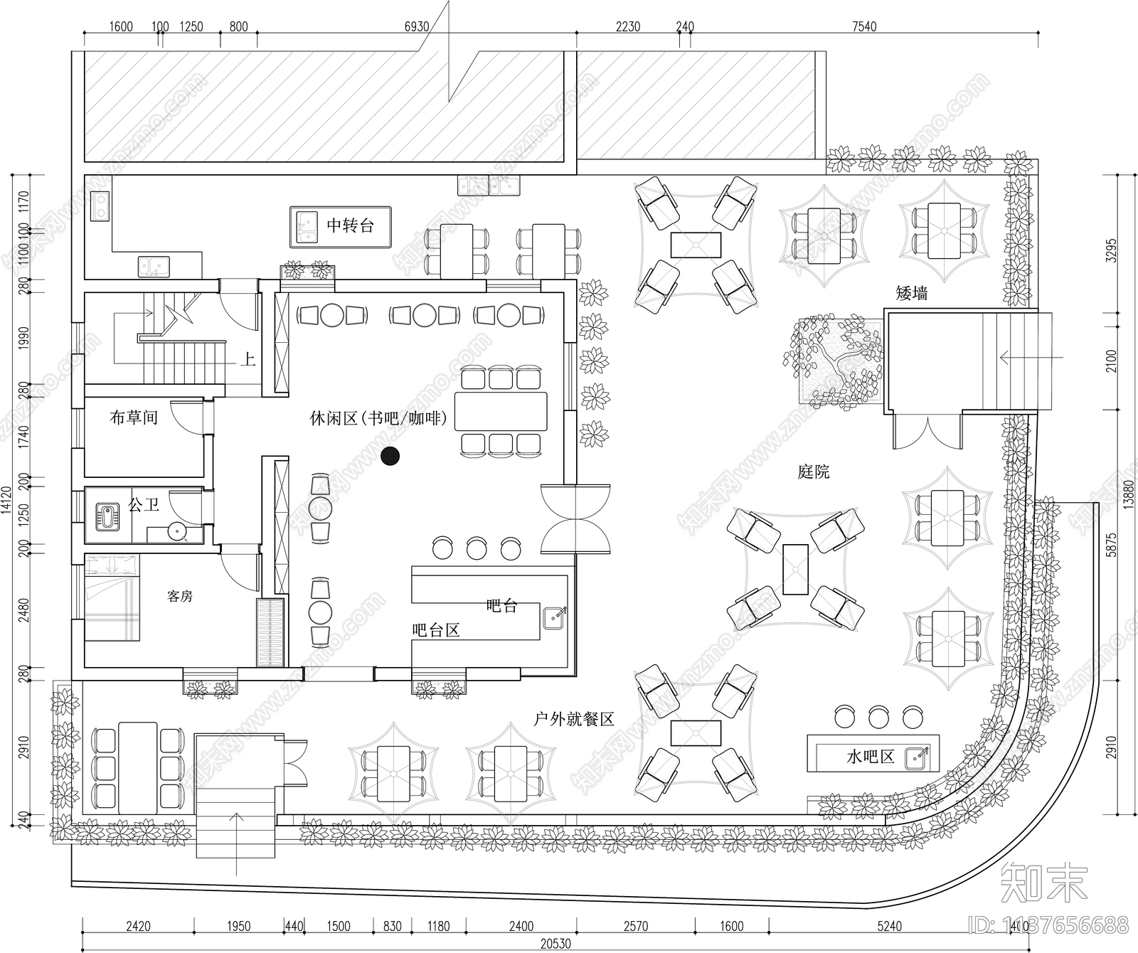 露营营地民宿清吧平面布置图cad施工图下载【ID:1137656688】
