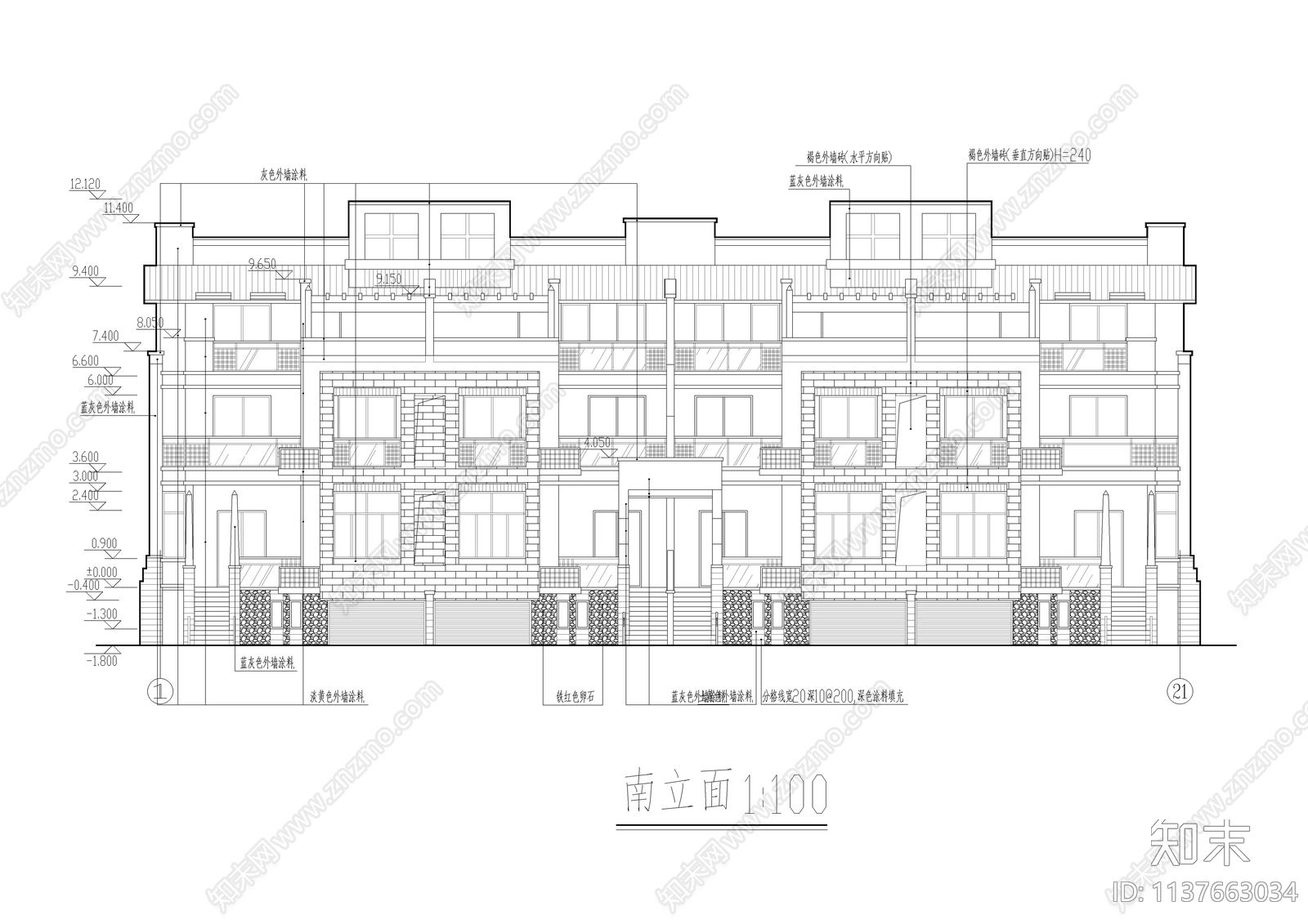 精品连排别墅建筑cad施工图下载【ID:1137663034】