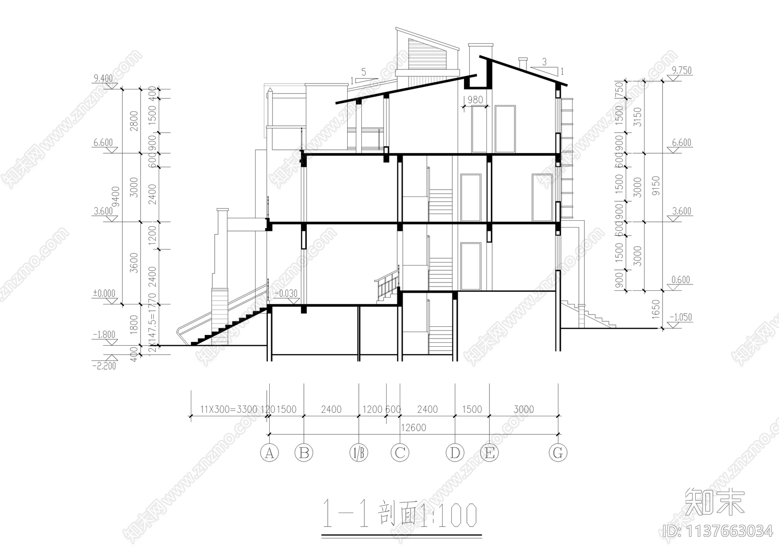 精品连排别墅建筑cad施工图下载【ID:1137663034】