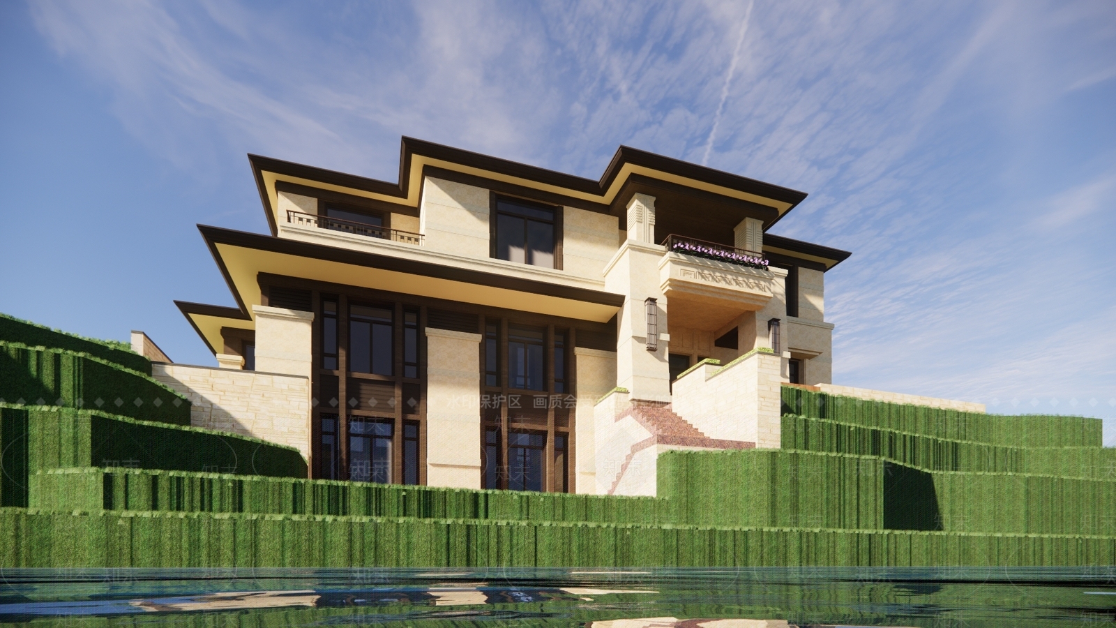 中式独栋滨水别墅SU模型下载【ID:1137669137】