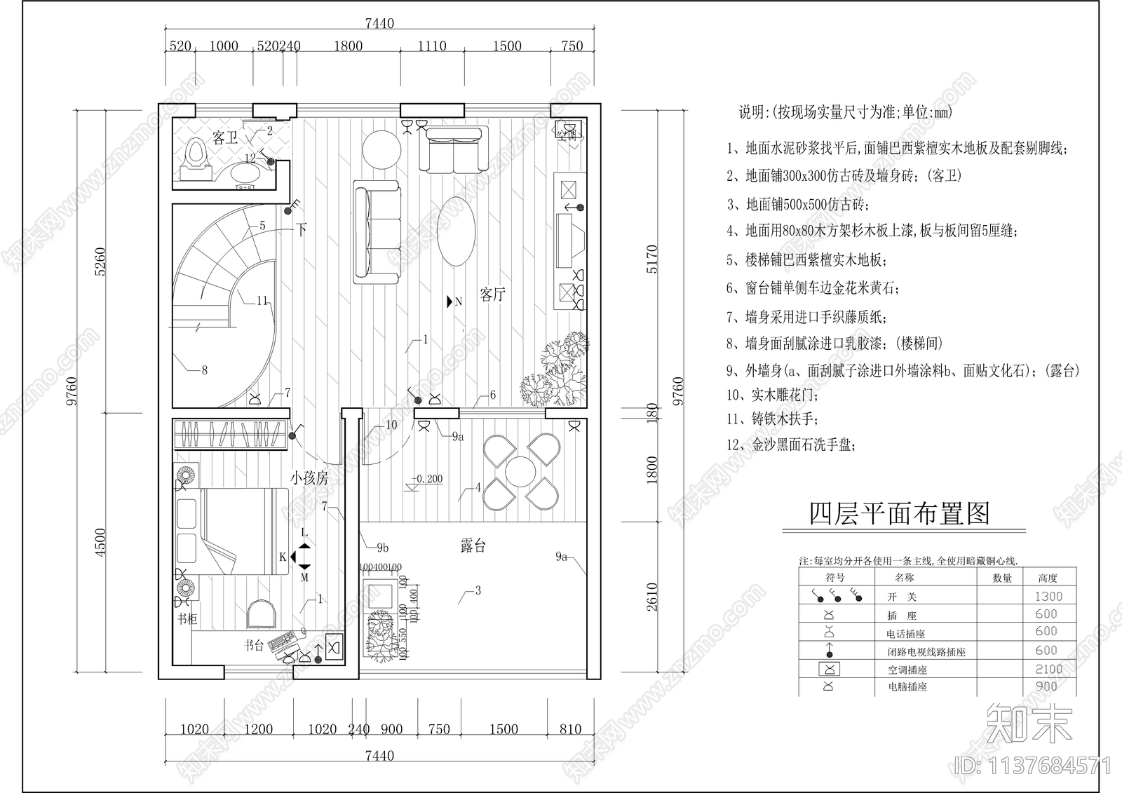 四层别墅全套装修cad施工图下载【ID:1137684571】