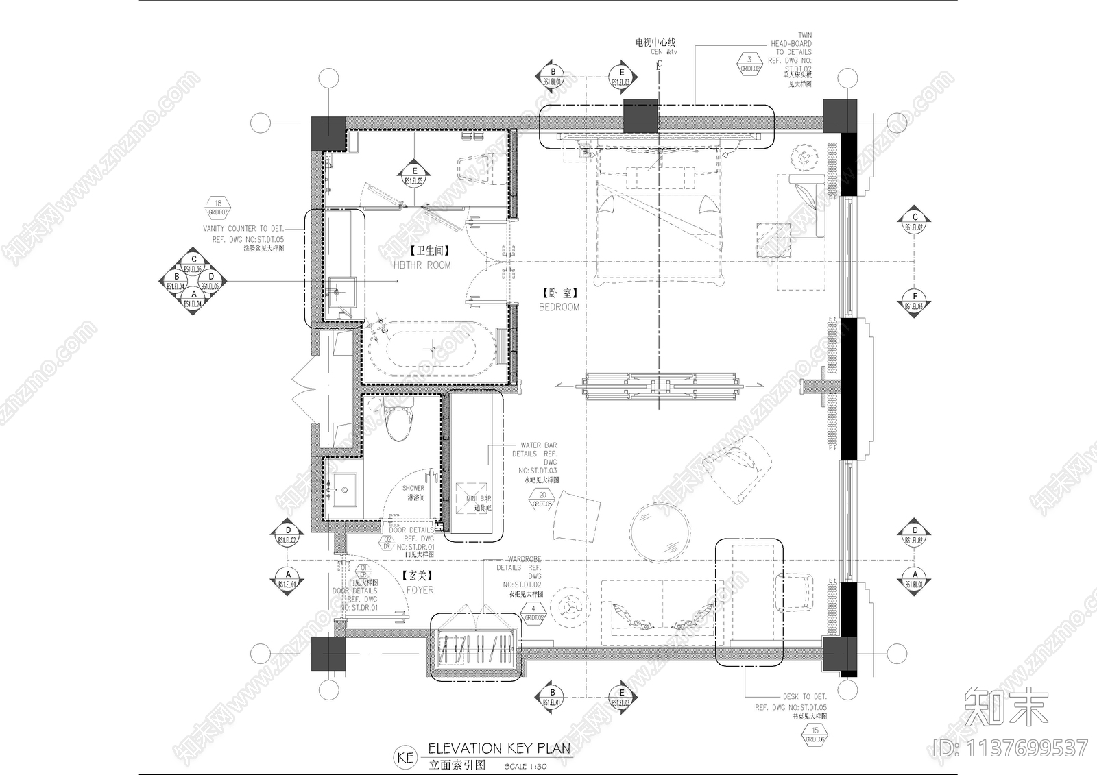 双人房酒店客房cad施工图下载【ID:1137699537】