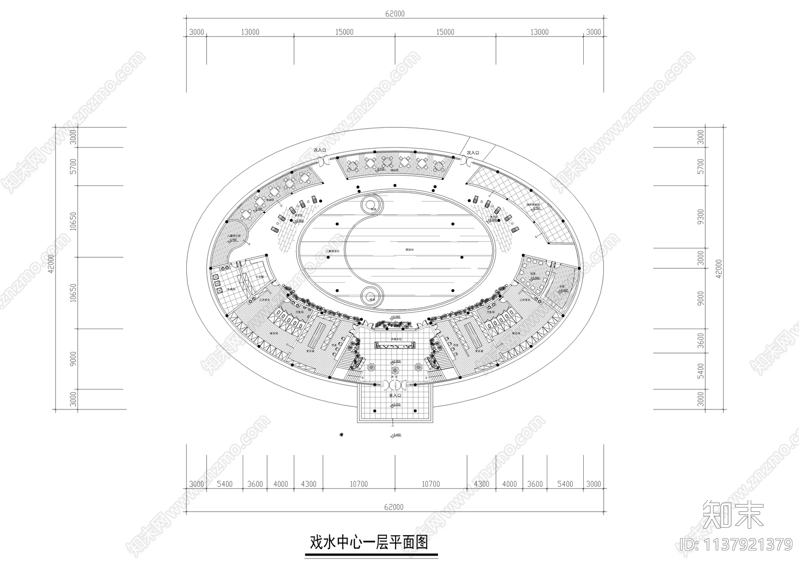 娱乐戏水中心建筑装修cad施工图下载【ID:1137921379】