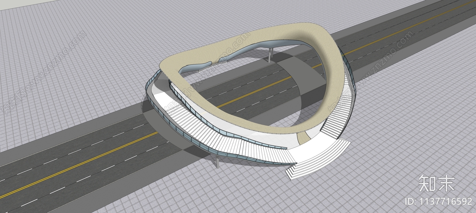 现代城市街道过街天桥SU模型下载【ID:1137716592】