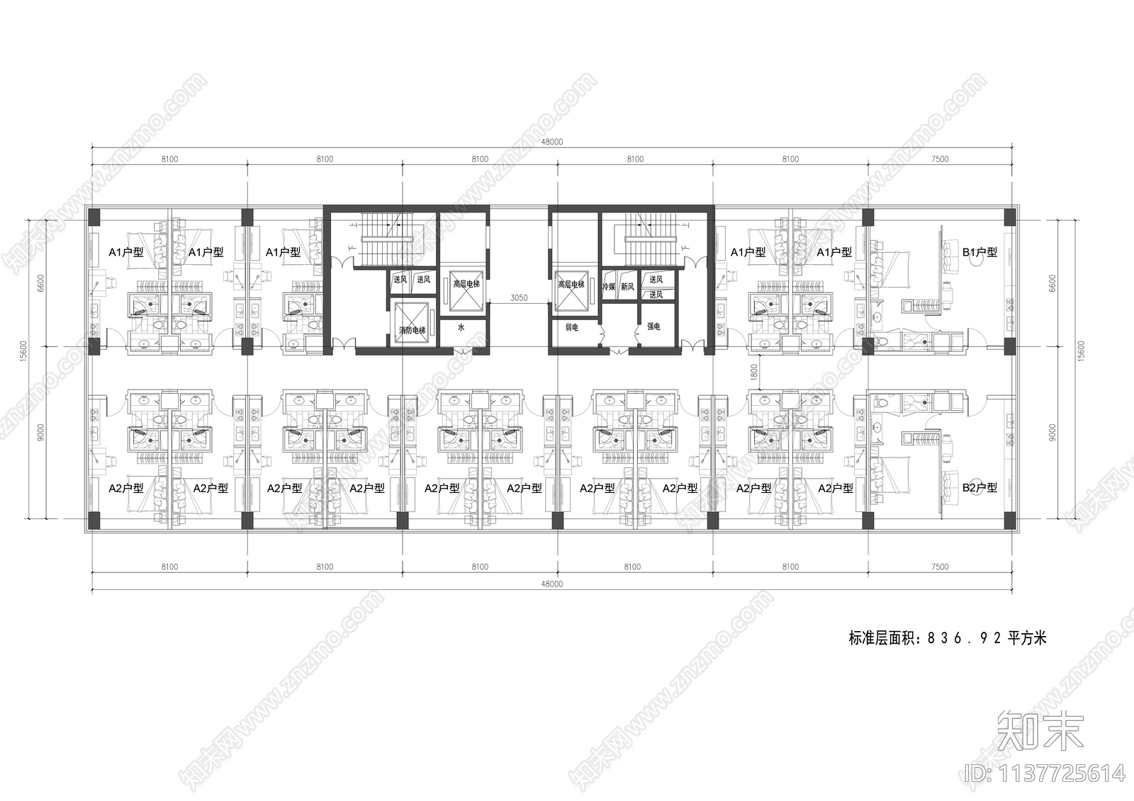 酒店式公寓建筑平面图施工图下载【ID:1137725614】