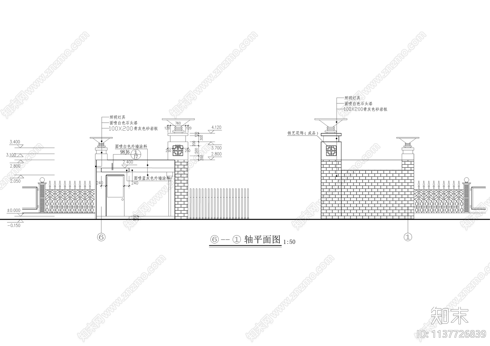 住宅小区大门详图cad施工图下载【ID:1137726839】