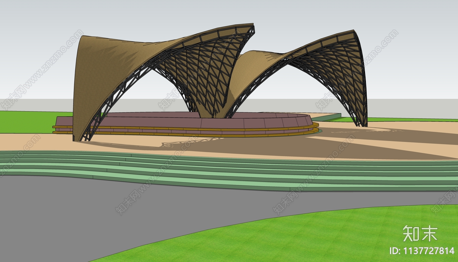 现代户外异形廊架SU模型下载【ID:1137727814】