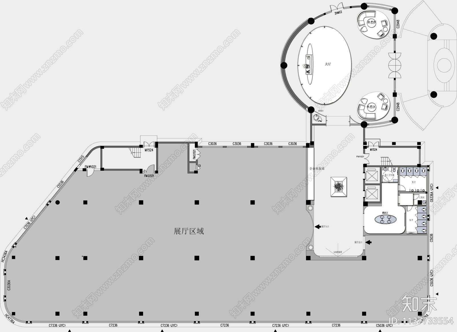 总部办公室平面图cad施工图下载【ID:1137733554】