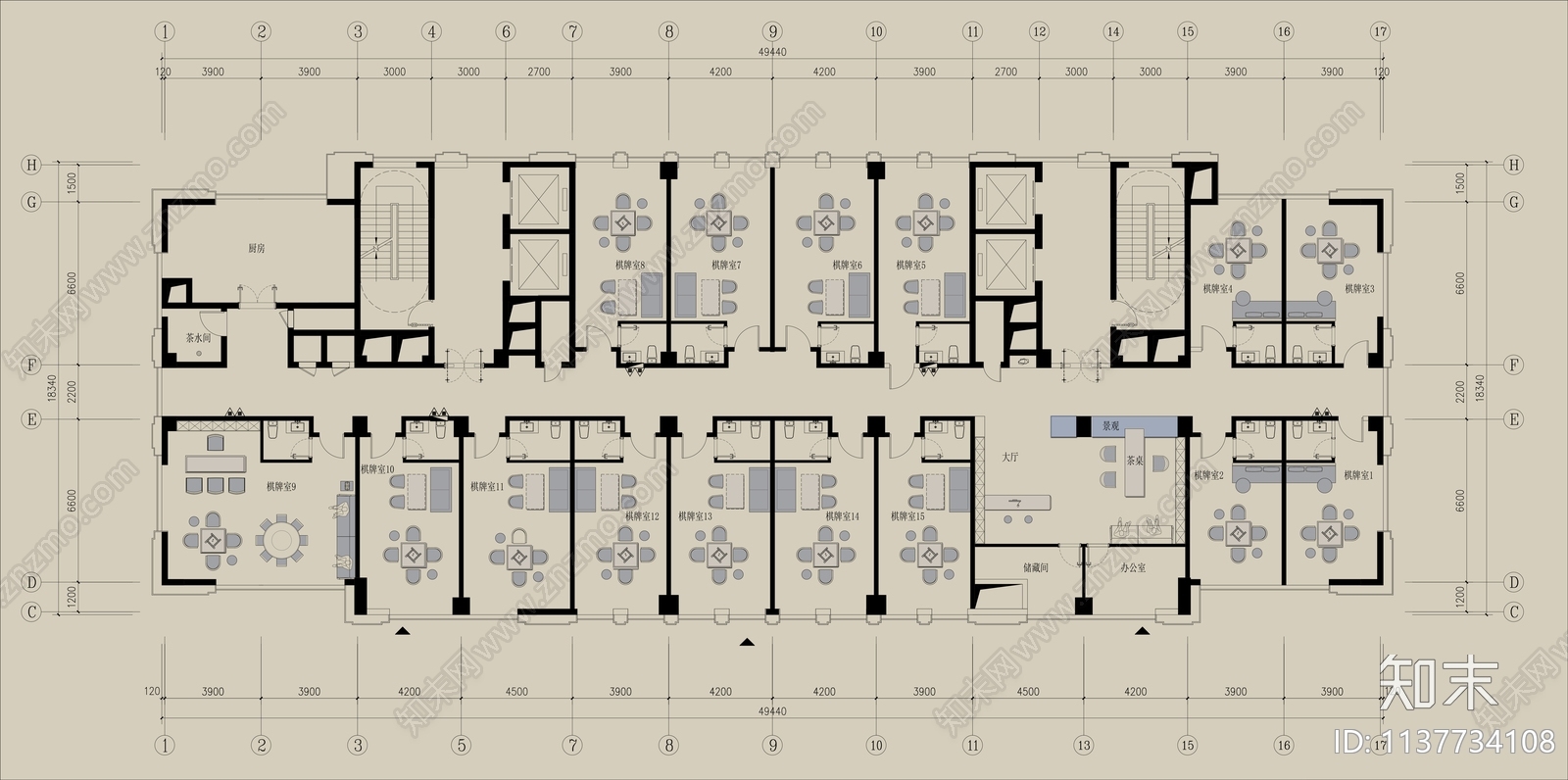 1200m²棋牌室平面图施工图下载【ID:1137734108】