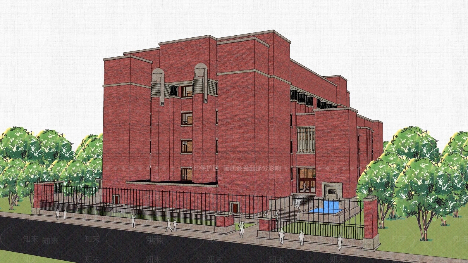 现代红砖多层办公楼SU模型下载【ID:1137752408】