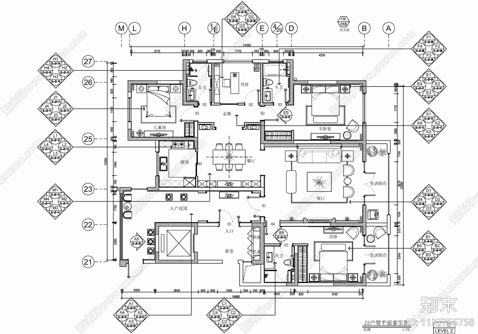 200㎡四居室大平层cad施工图下载【ID:1137755758】