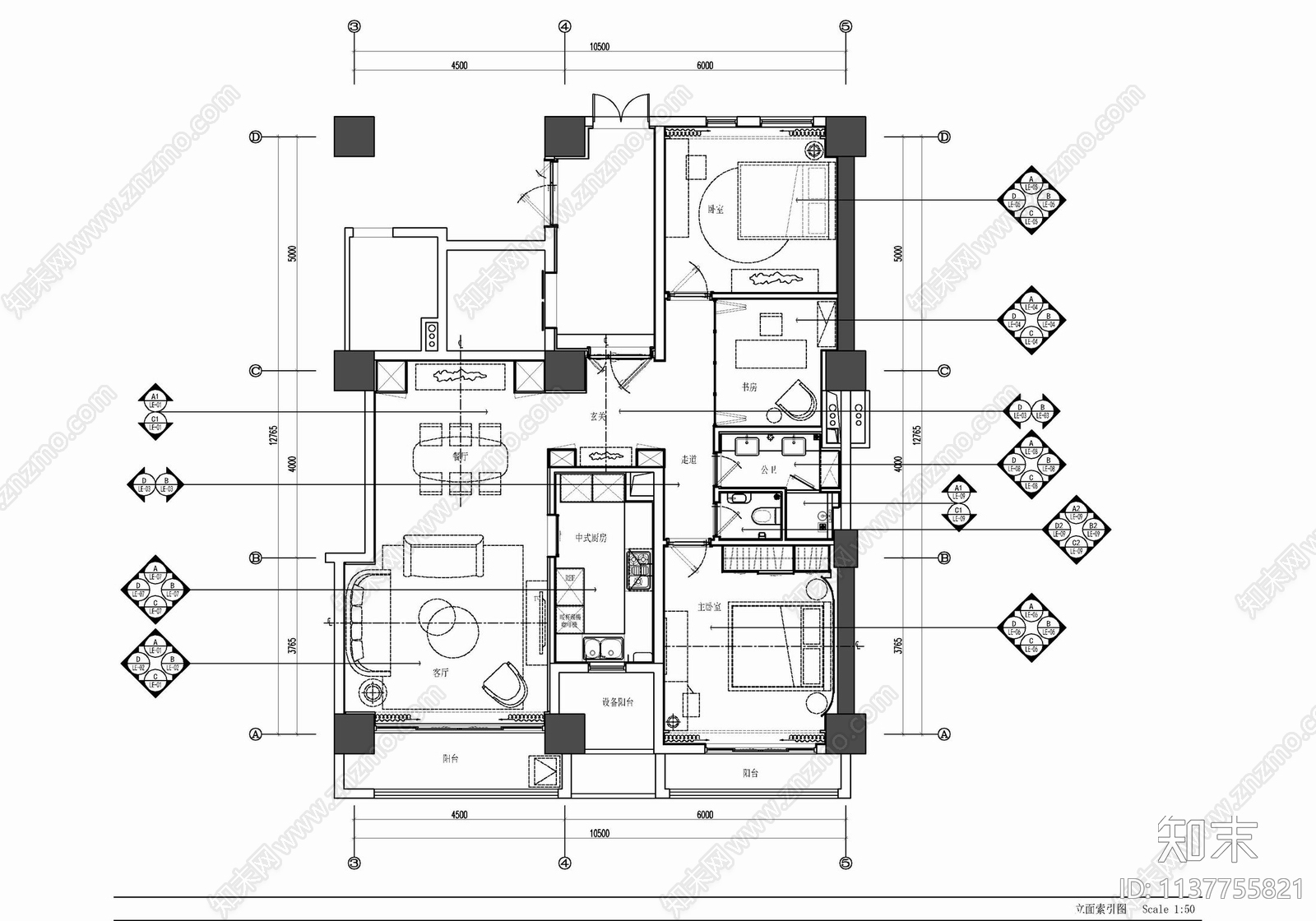 120㎡家装室内平立面cad施工图下载【ID:1137755821】