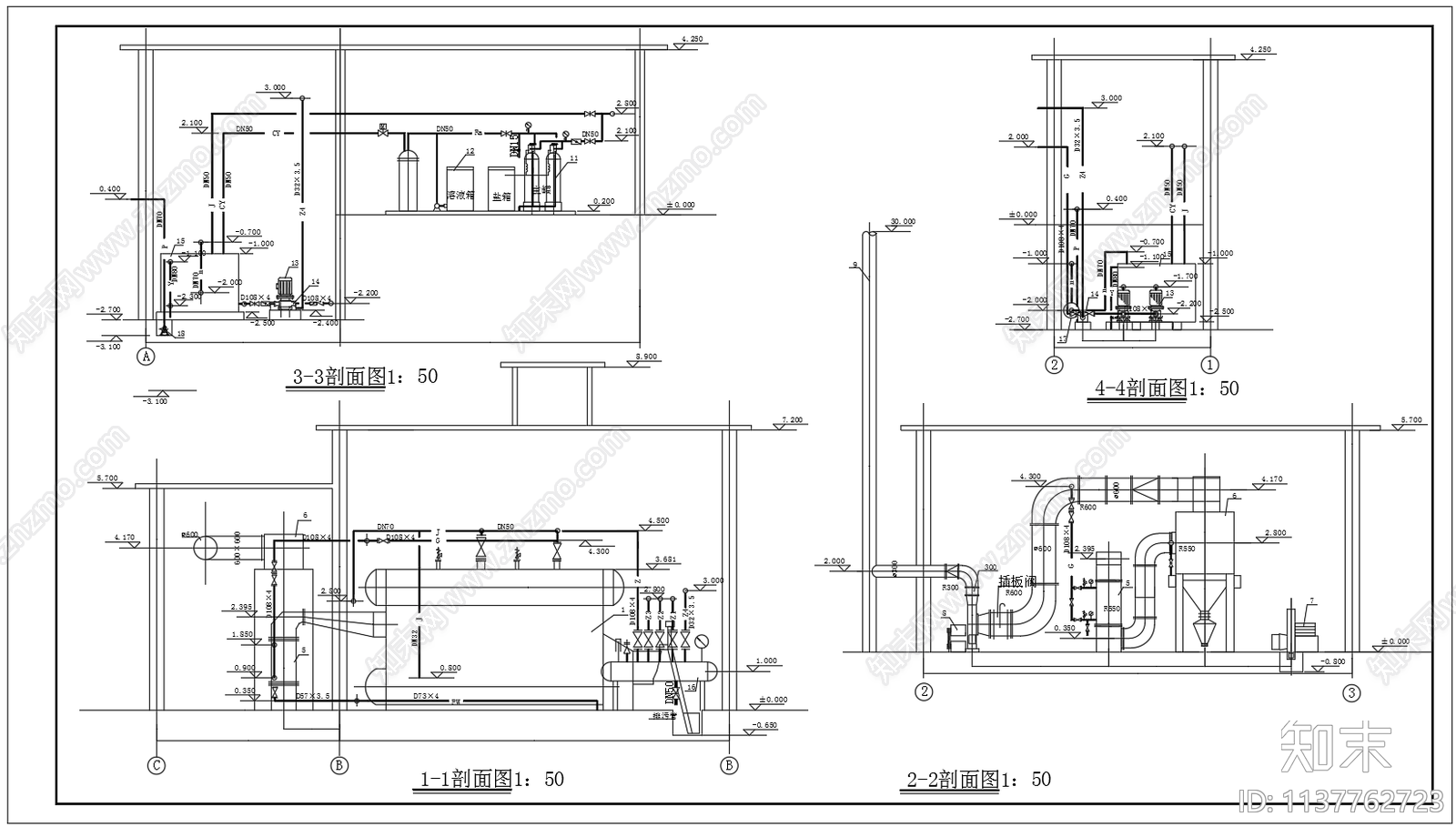 燃煤蒸汽锅炉平面剖面热力系统cad施工图下载【ID:1137762723】