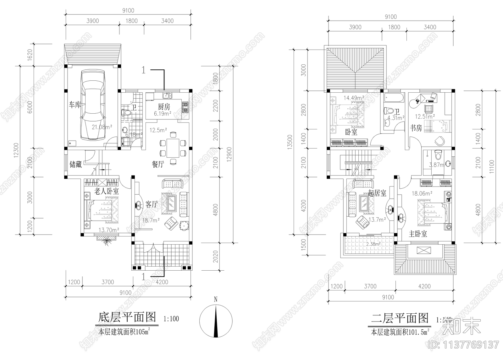 270平三层自建小别墅建筑cad施工图下载【ID:1137769137】