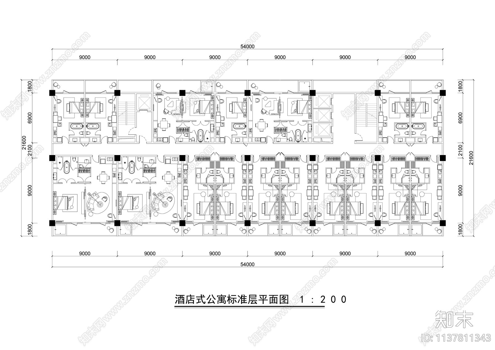 酒店式公寓LOFT标准户型平面图施工图下载【ID:1137811343】