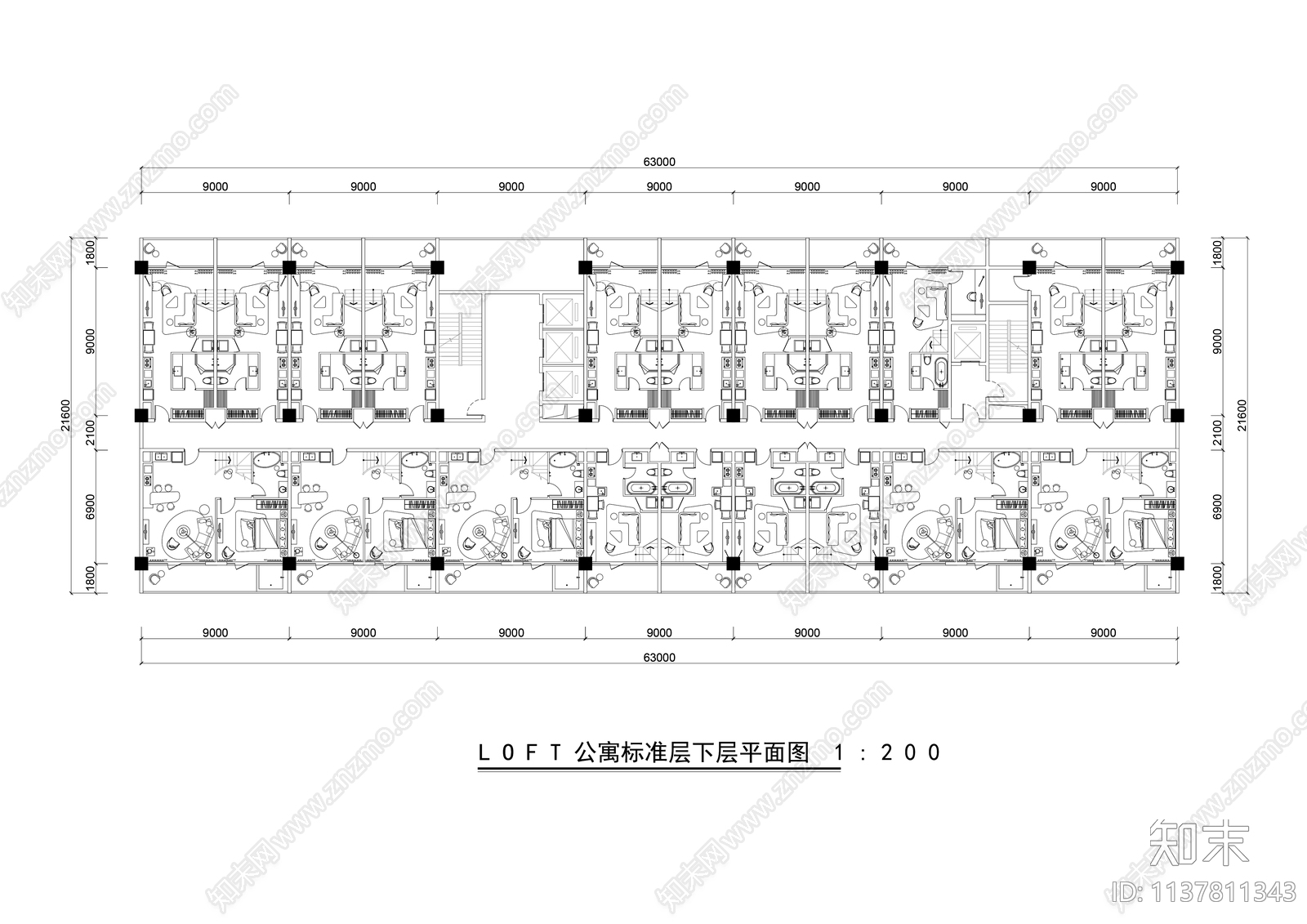 酒店式公寓LOFT标准户型平面图施工图下载【ID:1137811343】