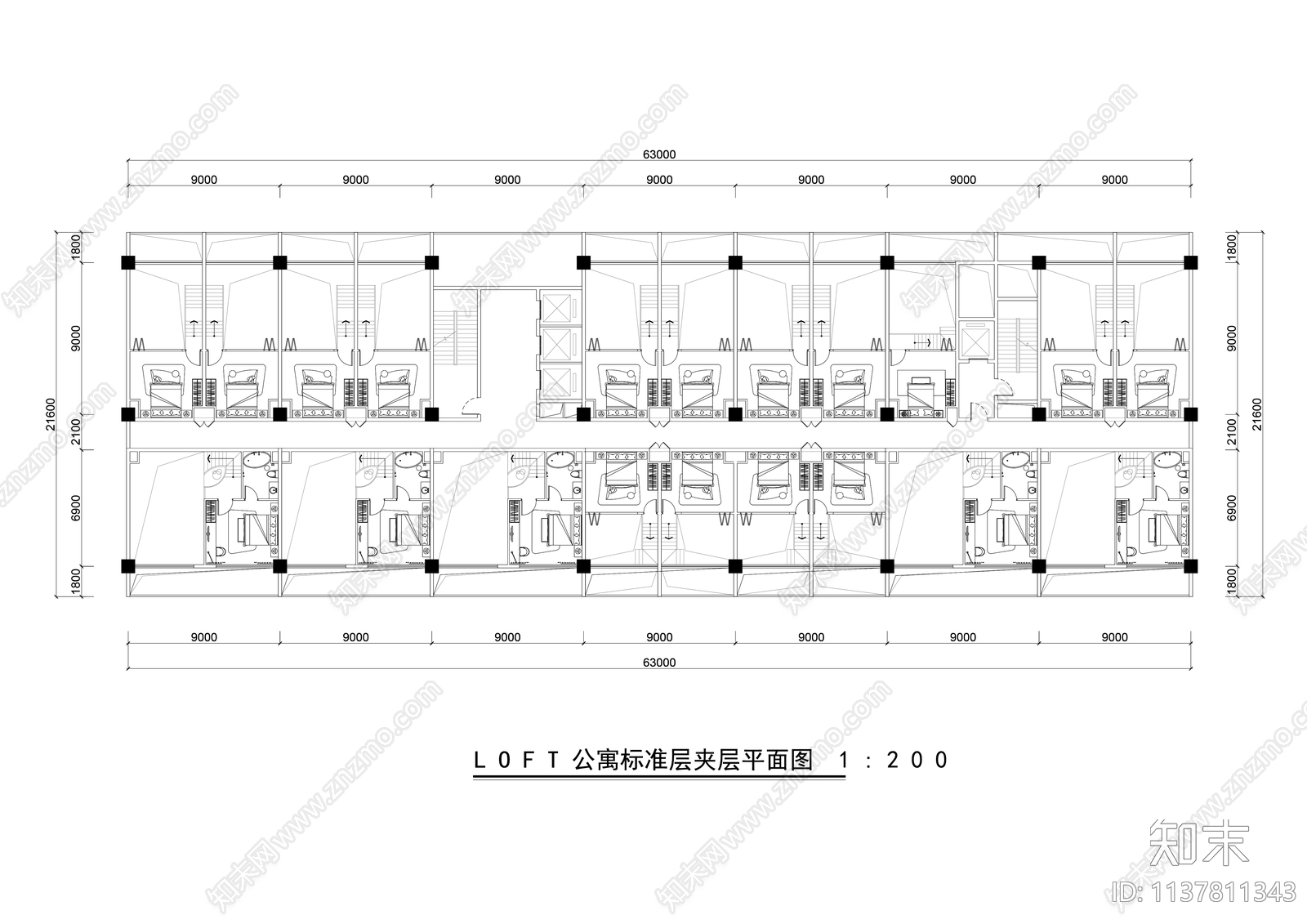 酒店式公寓LOFT标准户型平面图施工图下载【ID:1137811343】