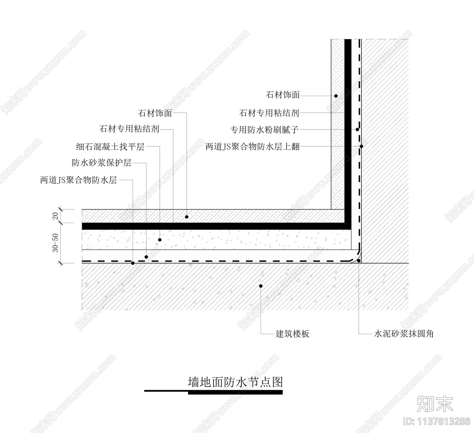 墙地面防水大样cad施工图下载【ID:1137813288】