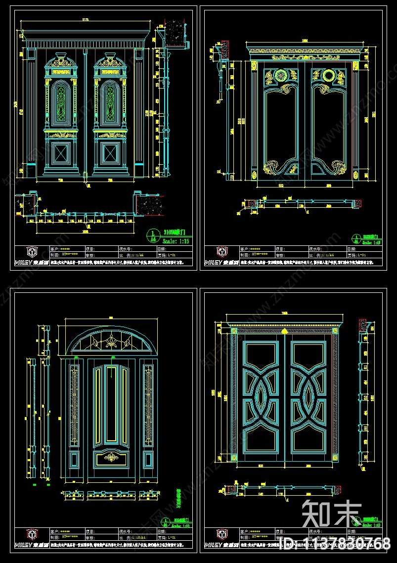 别墅大门雕花原木门cad施工图下载【ID:1137830768】