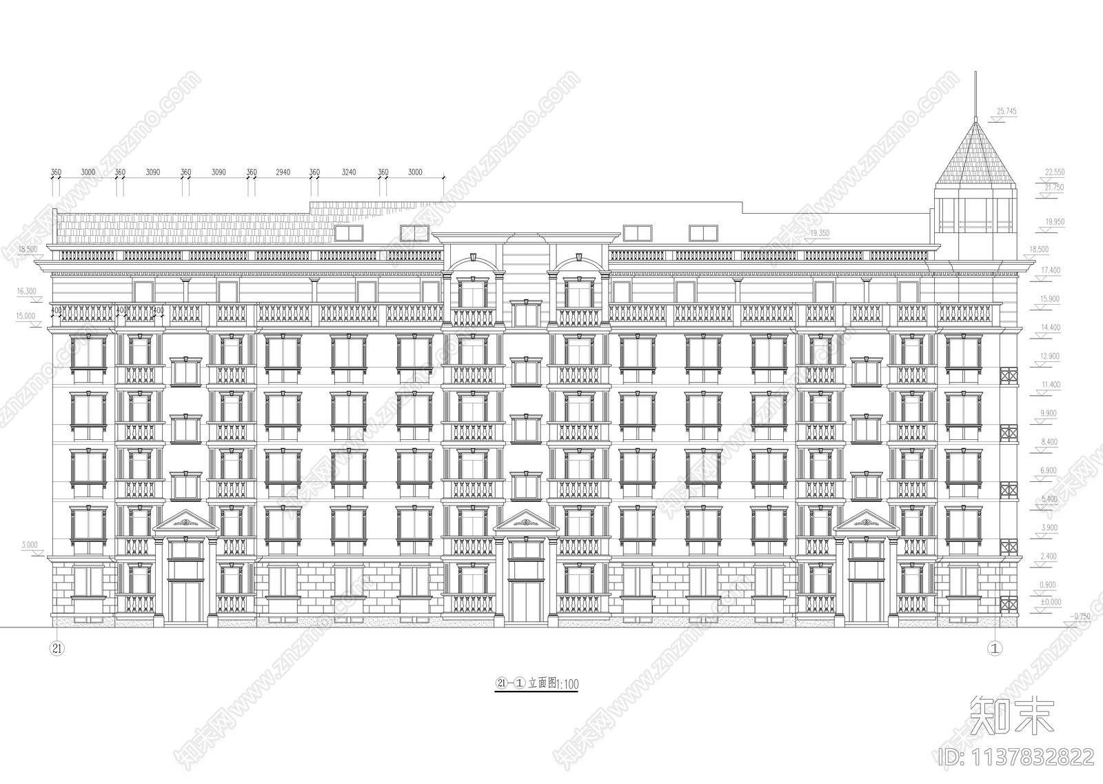 六层欧式坡屋顶住宅楼建筑cad施工图下载【ID:1137832822】