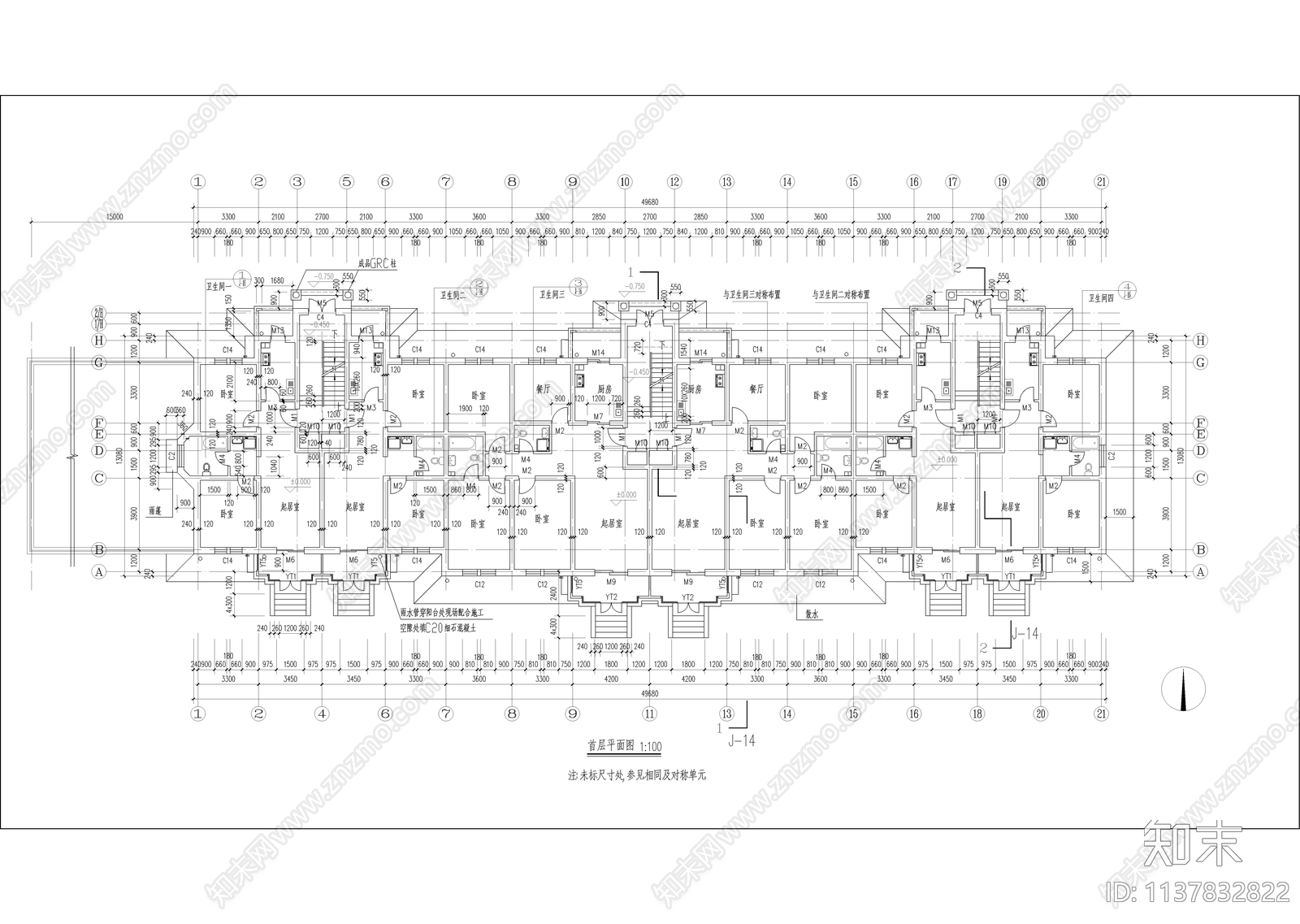 六层欧式坡屋顶住宅楼建筑cad施工图下载【ID:1137832822】