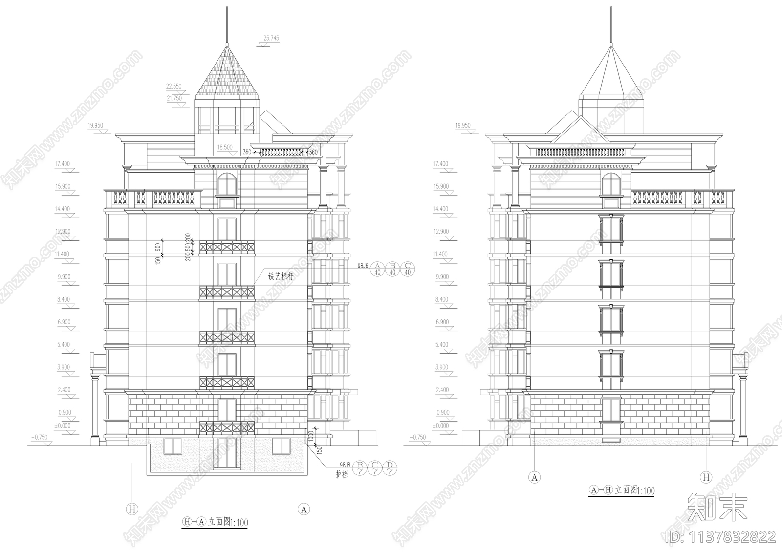 六层欧式坡屋顶住宅楼建筑cad施工图下载【ID:1137832822】