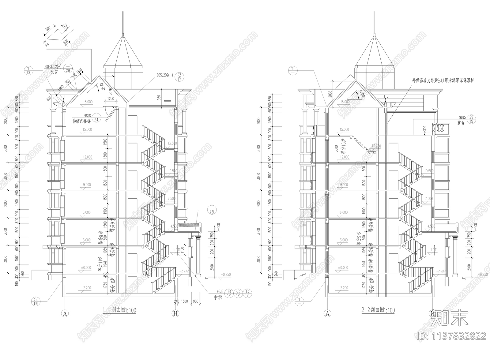 六层欧式坡屋顶住宅楼建筑cad施工图下载【ID:1137832822】