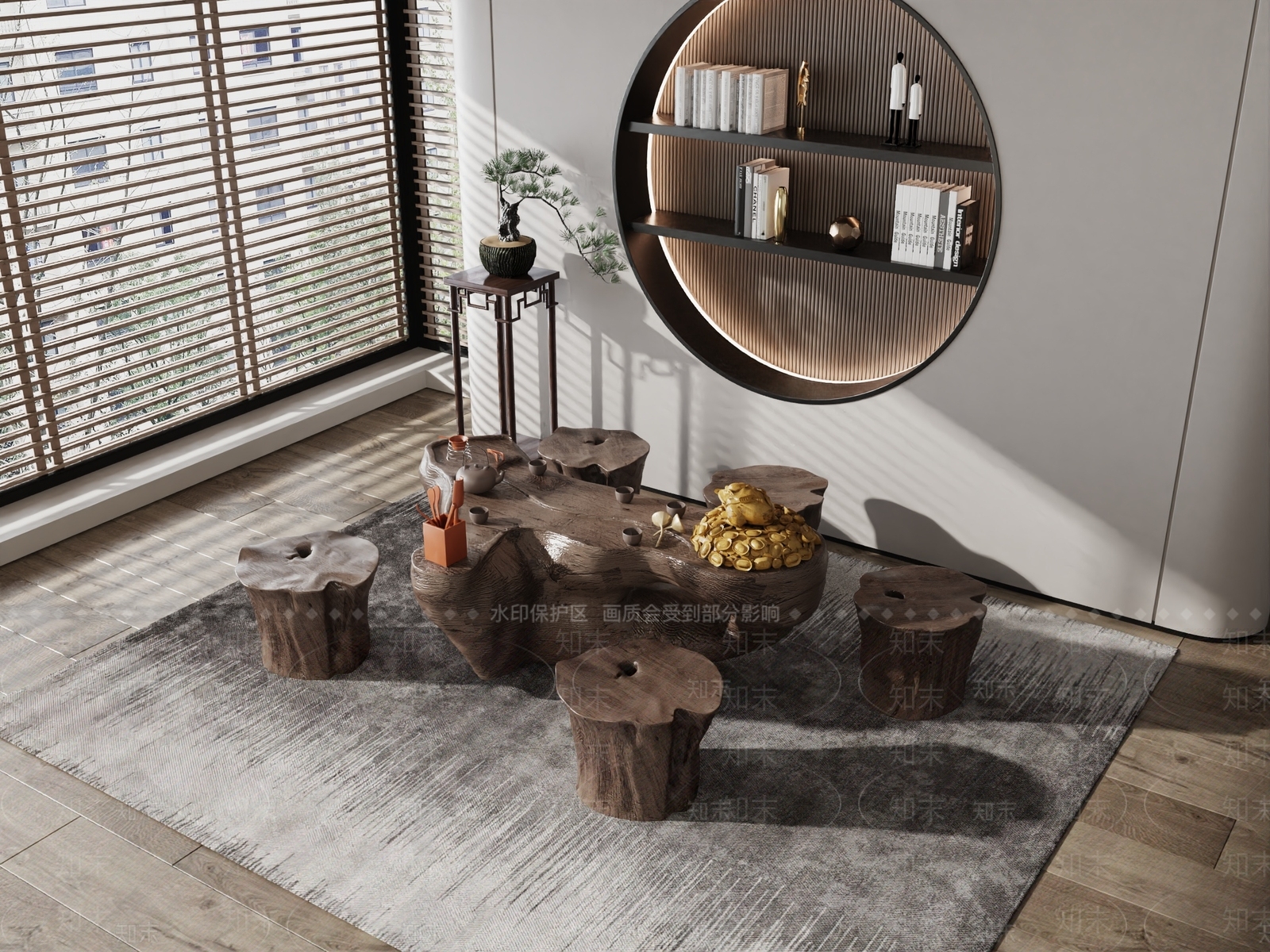 新中式根雕茶桌椅组合3D模型下载【ID:1137835732】