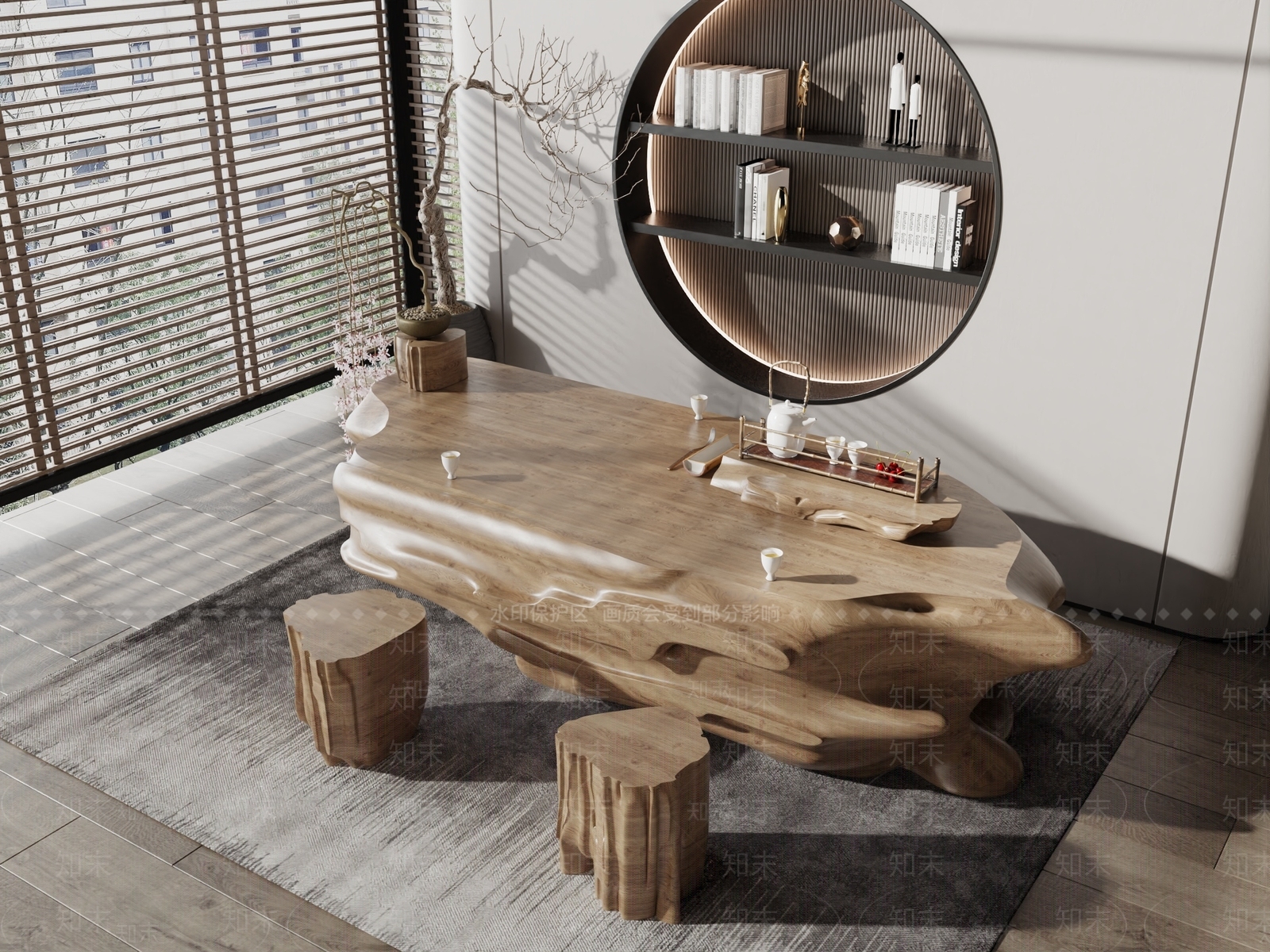 新中式根雕茶桌椅组合3D模型下载【ID:1137835767】