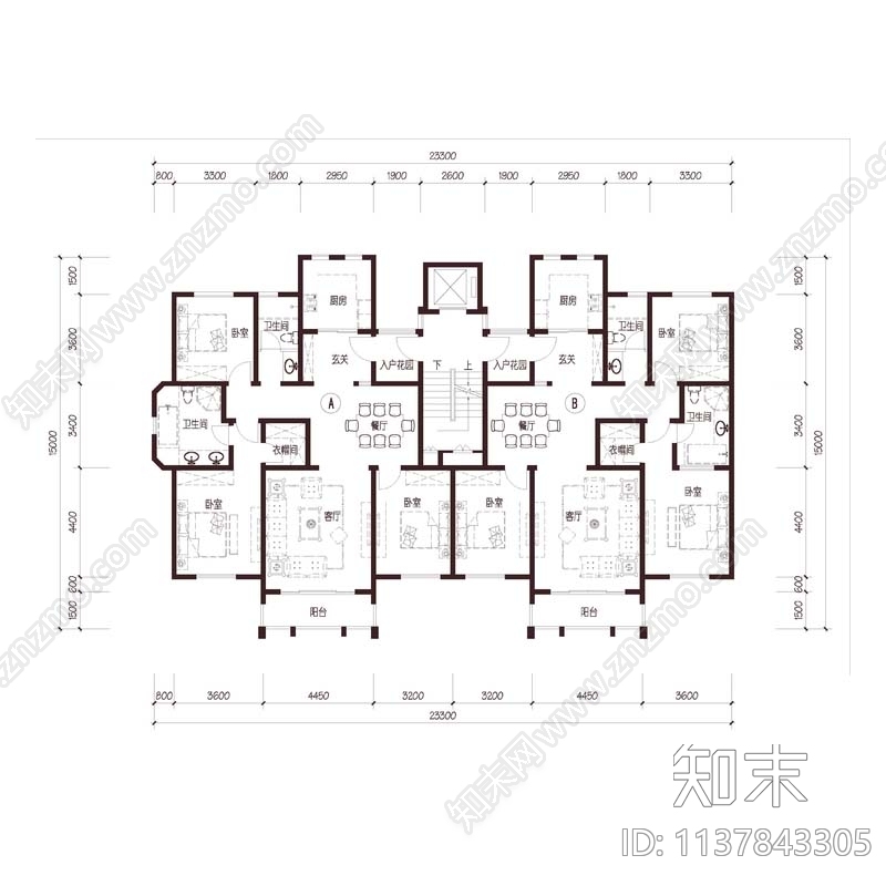 住宅建筑平面图cad施工图下载【ID:1137843305】