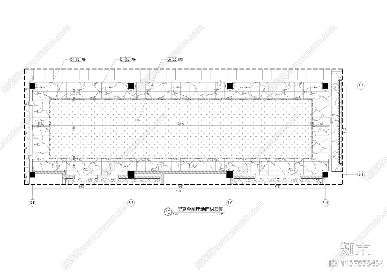 六安酒店宴会前厅cad施工图下载【ID:1137873434】