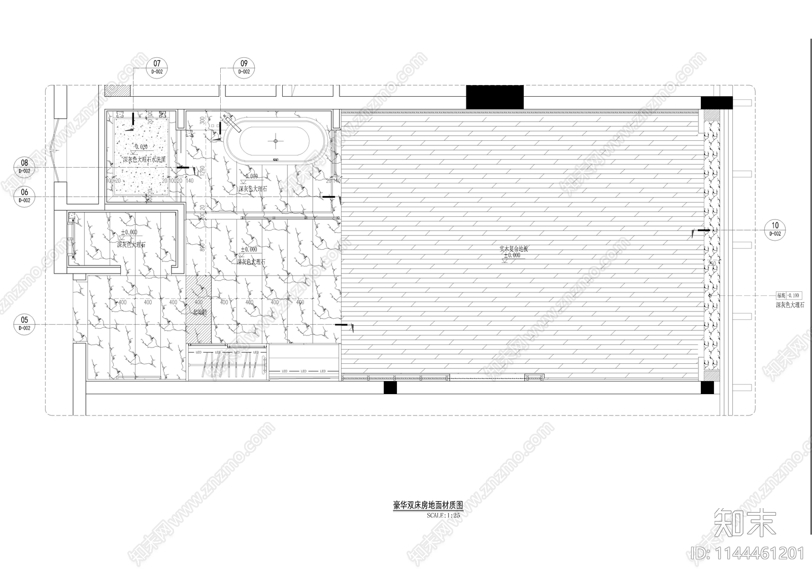 酒店双床房客房cad施工图下载【ID:1144461201】
