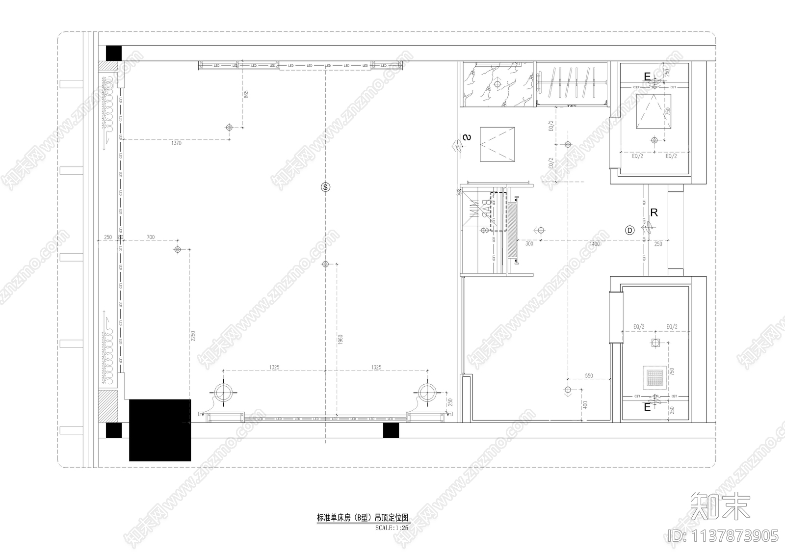 酒店标准单床房客房cad施工图下载【ID:1137873905】