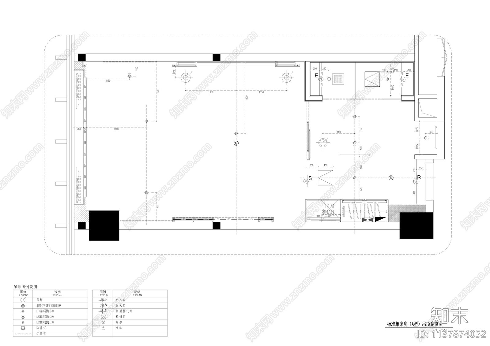 酒店客房标准单床房A型cad施工图下载【ID:1137874052】