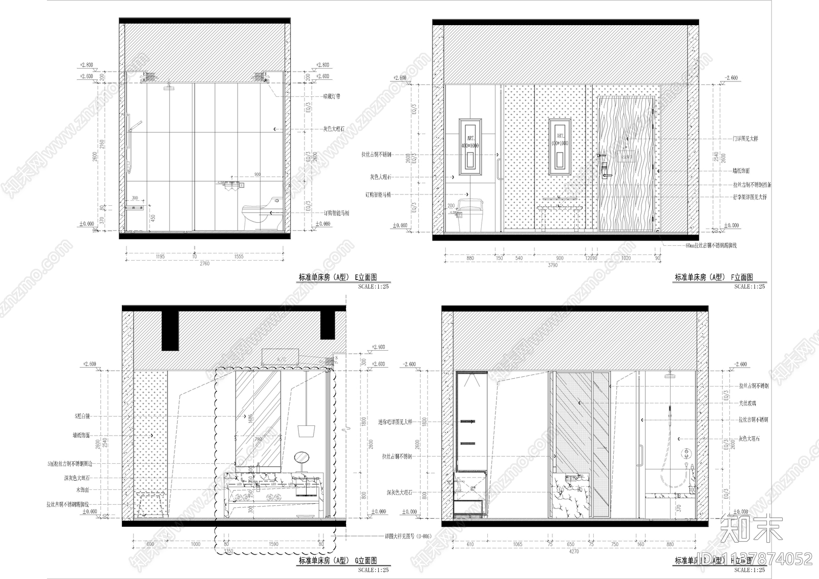 酒店客房标准单床房A型cad施工图下载【ID:1137874052】