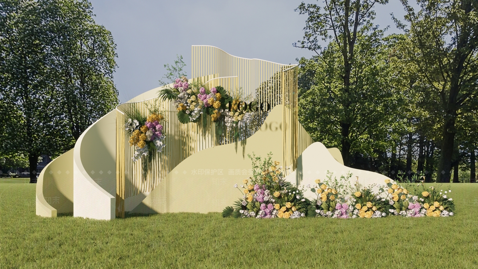 现代户外黄色草坪婚礼花艺线帘美陈SU模型下载【ID:1137879286】