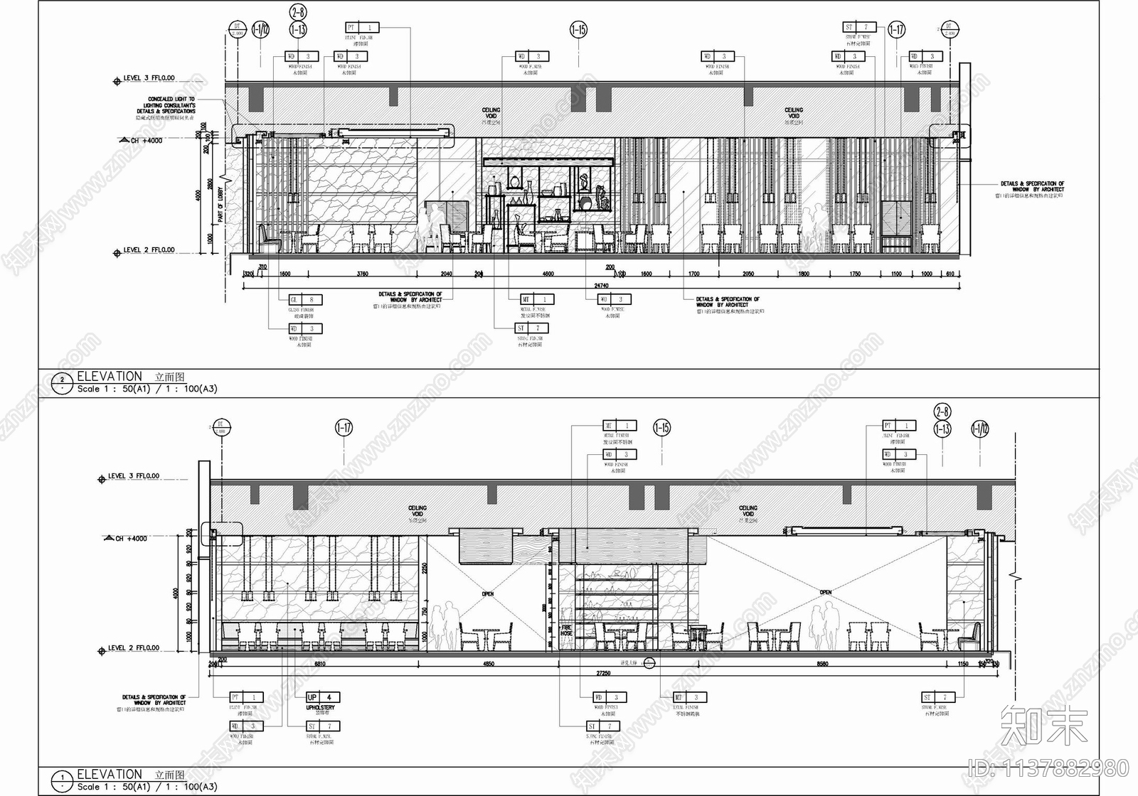 800㎡全日制餐厅室内cad施工图下载【ID:1137882980】