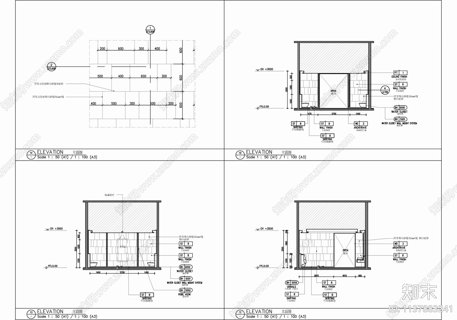 180㎡公共卫生间cad施工图下载【ID:1137883241】