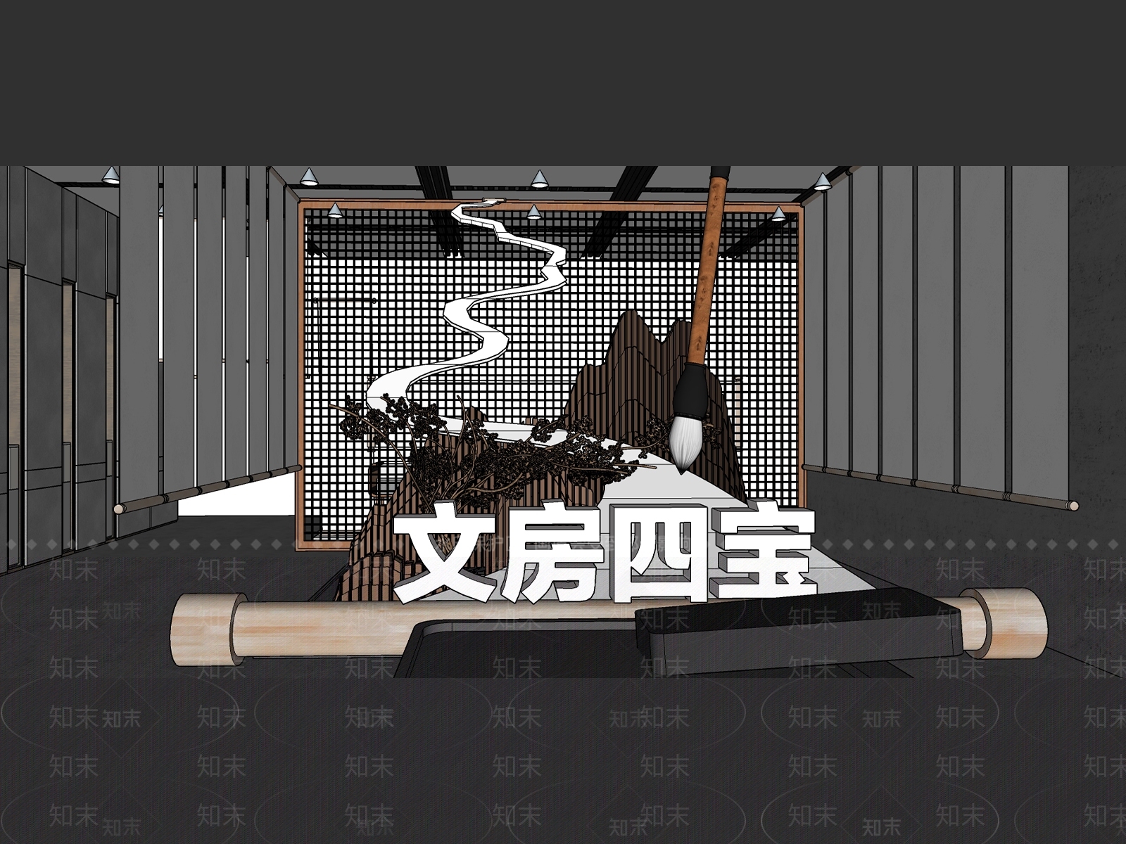 现代笔墨纸砚文化展厅SU模型下载【ID:1137889128】