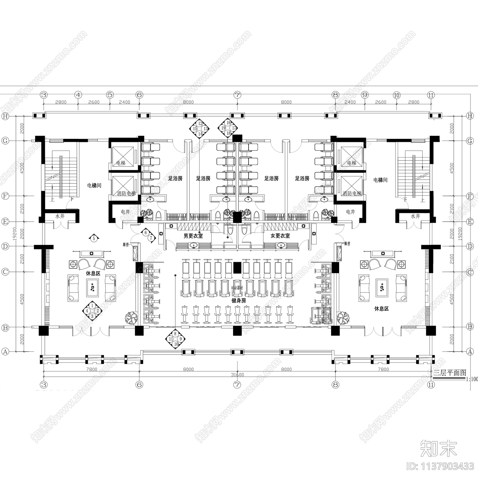 健身房会所中心俱乐部室内图集28套cad施工图下载【ID:1137903433】