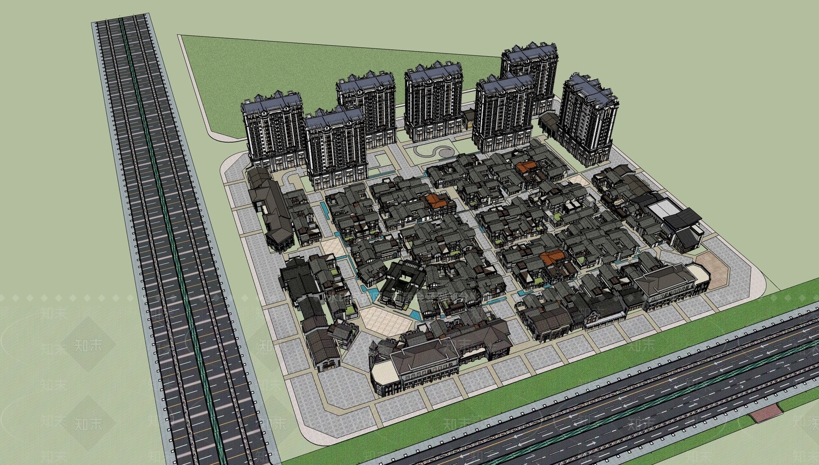 中式商业街高层住宅SU模型下载【ID:1137904035】