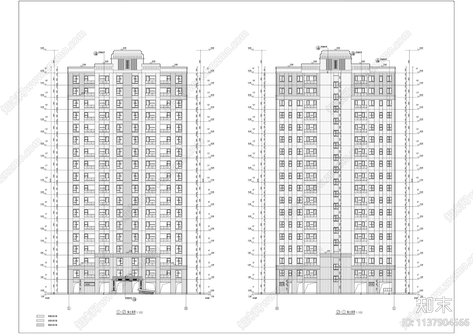 现代住宅小区120户型高层建筑施工图下载【ID:1137904566】