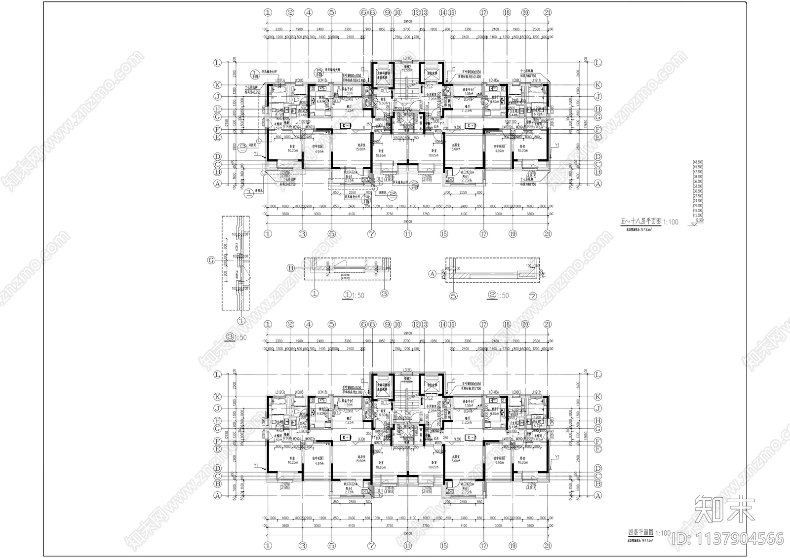 现代住宅小区120户型高层建筑施工图下载【ID:1137904566】