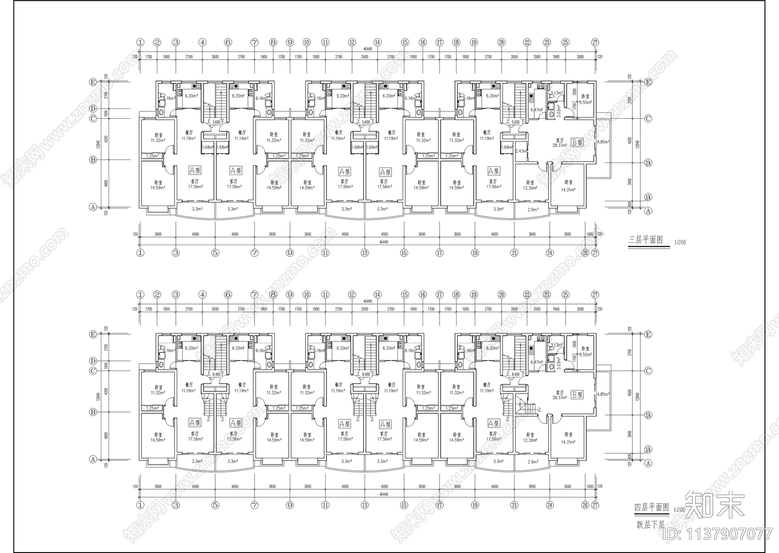 社区公寓建筑cad施工图下载【ID:1137907077】