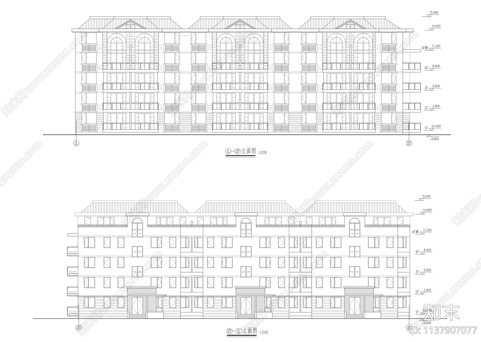 社区公寓建筑cad施工图下载【ID:1137907077】