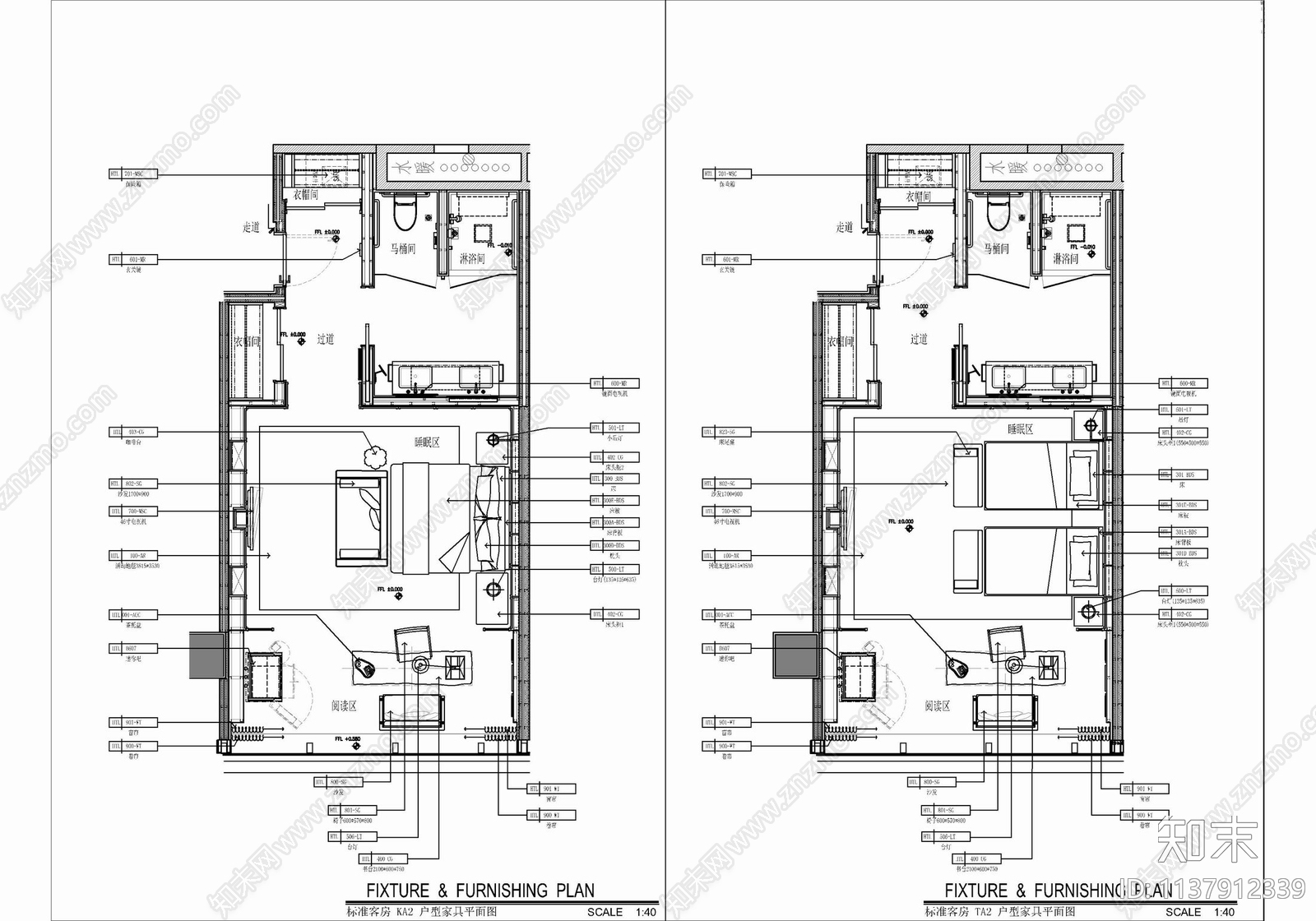 50㎡标准大床房及双人间酒店客房施工图下载【ID:1137912339】