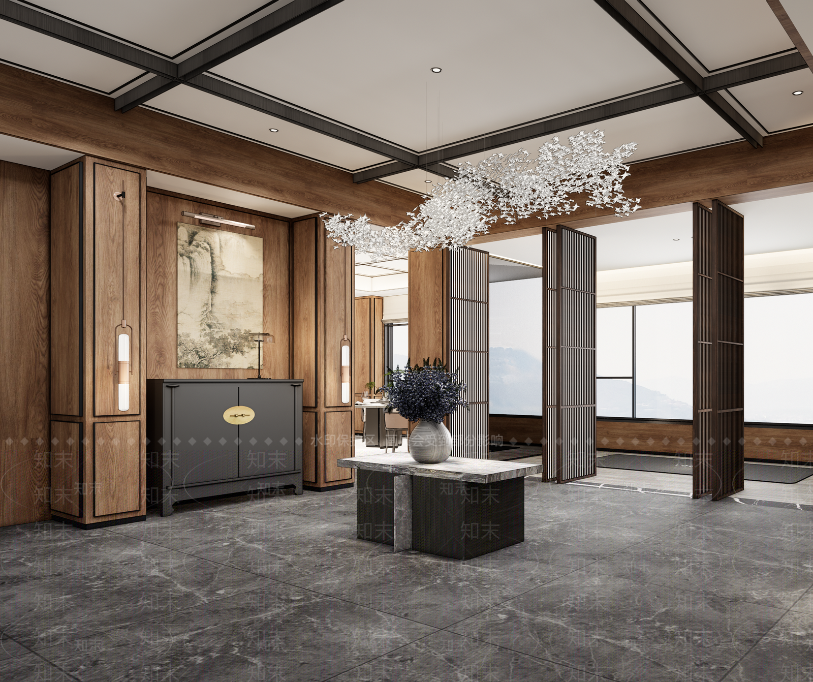 新中式酒店大堂SU模型下载【ID:1137926346】